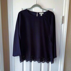 Adrienne Vittadini Navy Women's Top with Lace Cutout Hem Size XL